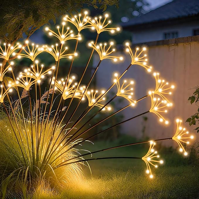 JJGoo Solar Garden Lights, New Upgraded 4 Pack Solar Swaying Starburst Light, Waterproof Fireworks Outdoor Lights, Yard Patio Pathway Decoration, Warm White