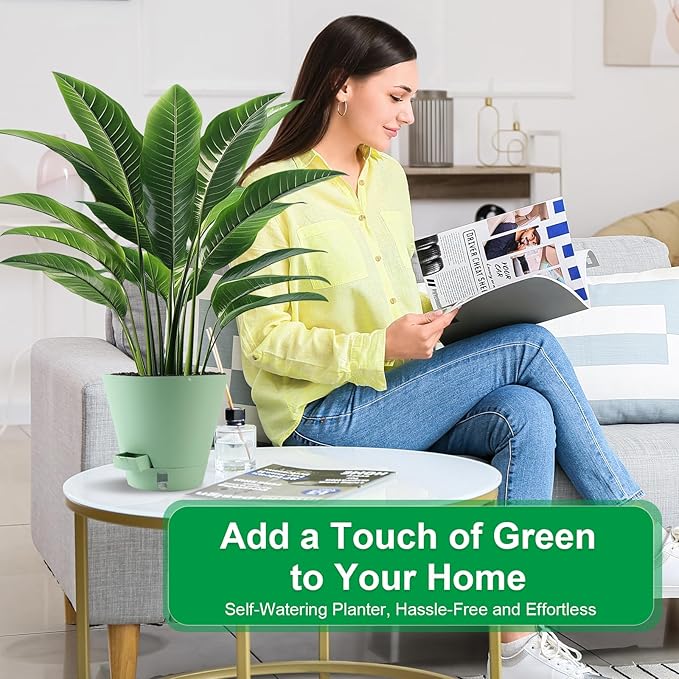 Self-Watering-Pots-for-Indoor-Plants, 8 Inch Flower Pots for Indoor Plants, 3 Packs Plastic Planters with Drainage Holes and Saucers