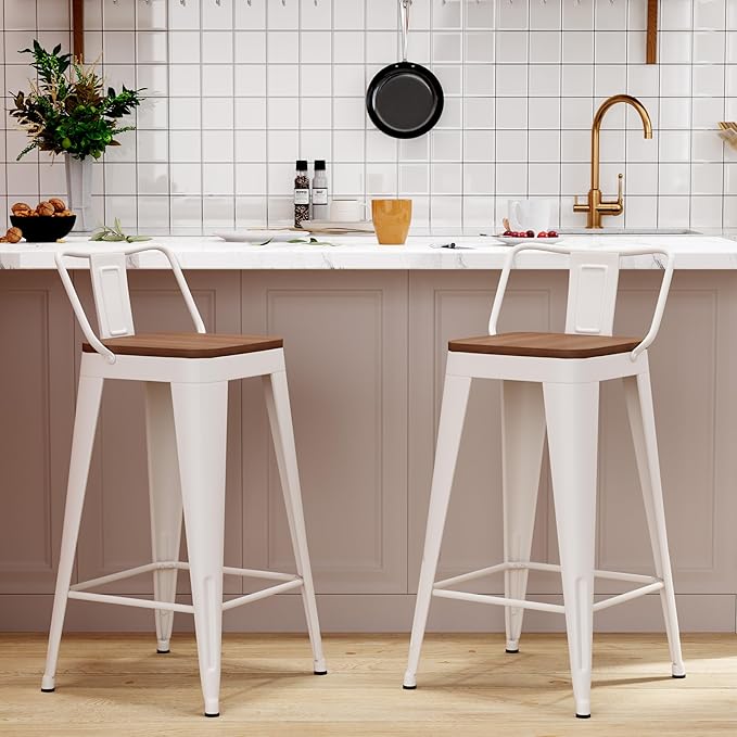 WENTMENT Metal Bar Stools Set of 2 Counter Height Barstools with Removable Back 24" Kitchen Bar Stools with Wooden Seat,Off White
