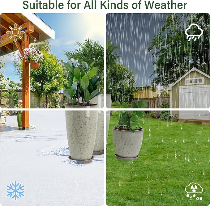 24/21/12 Inch Large Plastic Planter, Lightweight Ceramic-Look Tall Planters with Drain Hole & Saucers, Tall Plastic Planters for Porch, Garden, Patio, Balcony(Glaze Beige)