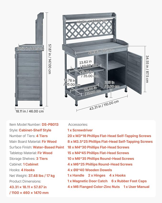 VEVOR Potting Bench Table, Outdoor Gardening Wooden Workstation with Storage Cabinet, Storage Shelves, 43 x 18 in Wood Tabletop, Garden Planting Work Station for Patio, Backyard, Balcony, Gray