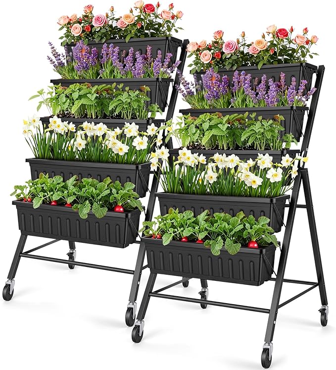 Homdox 2 Pack Vertical Garden Bed, 5 Tiers Raised Garden Planter, 25.6 * 26 * 48 Inch with Drainage System & 4 Hooks, Vegetable Flower Stand for Garden Patio Yard (Black with 4 Wheels)