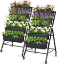 Homdox 2 Pack Vertical Garden Bed, 5 Tiers Raised Garden Planter, 25.6 * 26 * 48 Inch with Drainage System & 4 Hooks, Vegetable Flower Stand for Garden Patio Yard (Black with 4 Wheels)