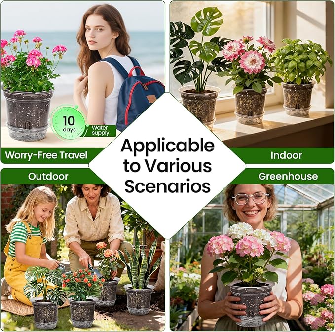 MIXC 12 Packs 6.5 Inch Self Watering Pots for Indoor Plants - Clear Nursery Plant Pots with Drainage, Deep Visible Reservoir - Flower Planter Outdoor with Wicking Rope