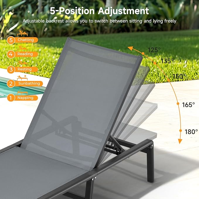ONBRILL Aluminum Chaise Lounge Chair Outdoor, Foldable & Assembly Free Outdoor Lounge Chair with 5 Position Adjustable Backrest, Patio Pool Lounge Chairs for Outside Poolside Beach Lawn, 1PC, Grey