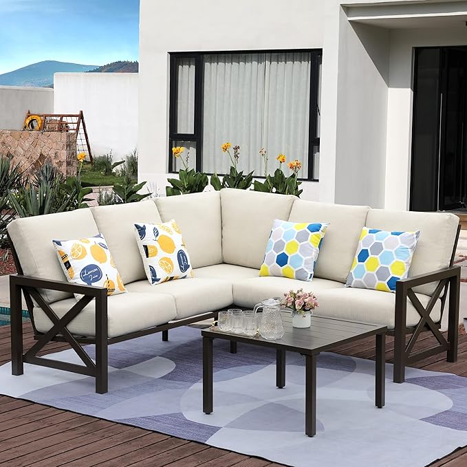 NATURAL EXPRESSIONS 6 Pieces Patio Furniture Sets, Metal Outdoor Sectional Furniture L Shape Patio Conversation Sets,Highback Frame,Metal Table,Large Waterproof Cover, 6.5" Olefin Cushions