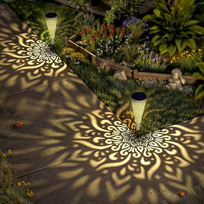 6 Pack Solar Lights Outdoor Garden Decorative Mandala Solar Garden Lights with Warm Light Waterproof Solar Pathway Landscape Light for Path Patio Backyard Walkway Yard Decor (White)