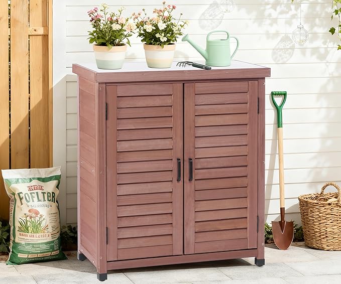 Outdoor Potting Bench with Storage Cabinet and Metal Top, Wood Workstation for Outdoor Patio, Garden (Dark Brown, 31x17x36‘’)