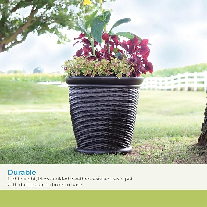 Suncast 18" Resin Indoor/Outdoor Wicker Planter, Brown, Made in the USA