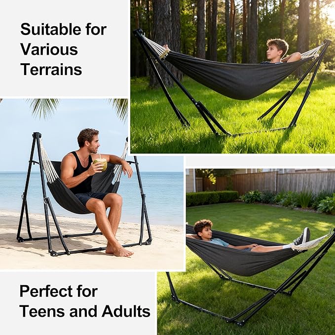 2-in-1 Hammock & Swing Chair for Teens – Adjustable Folding Chair with Collapsible Steel Stand, Portable for Camping, Travel, Patio & Indoor Use, Includes Carrying Case, Supports 440 LBS