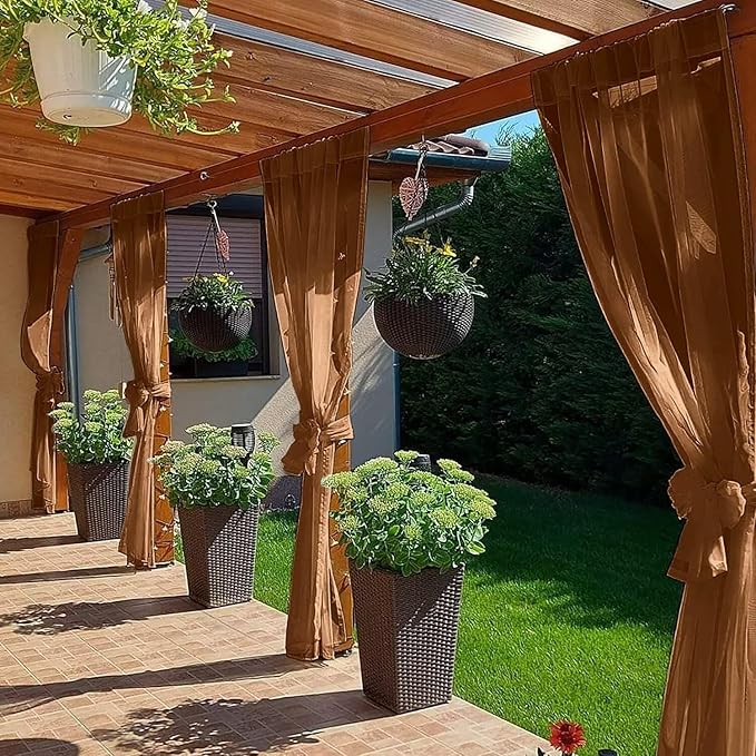 SpaceDresser Waterproof Outdoor Sheer Curtains for Patio - 2 Panels Rod Pocket Indoor Voile Sheer Curtain for Living Room,52W x 84L inch, Brown