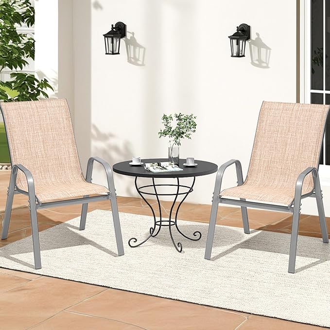 Patio Chairs Set of 2, Easily Set Up Stackable Outdoor Dining Chairs with High Back and Wide Seat, All Weather Breathable Outdoor Chairs Set of 2 with Metal Frame for Backyard Deck Pool, Beige