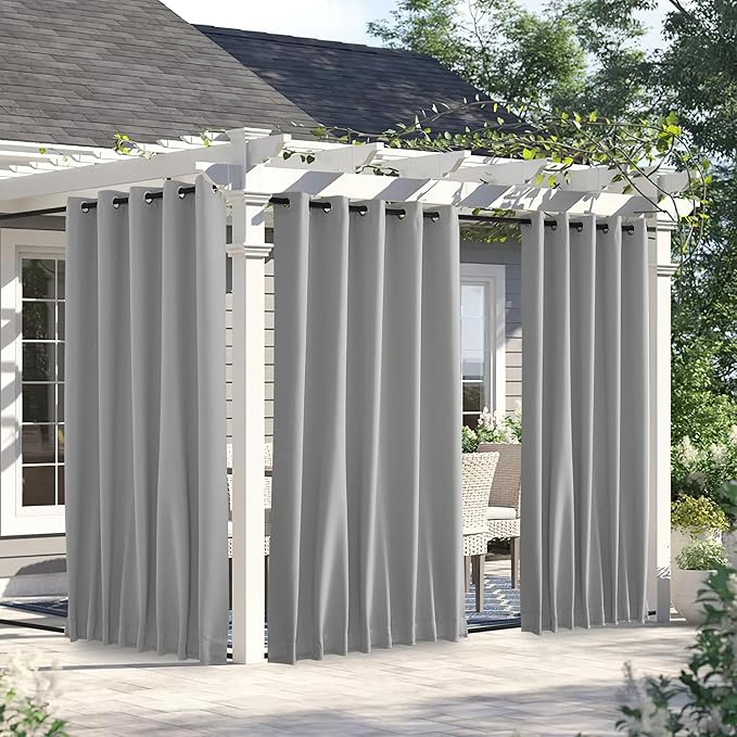 NICETOWN 2 Panels Outdoor Curtains for Patio Waterproof & Windproof, Thermal Insulated Top & Bottom Grommet & Back Tab Sun Blocking Outdoor Drapes with Fixed Rope for Gazebo, Silver Grey, W66 x L90