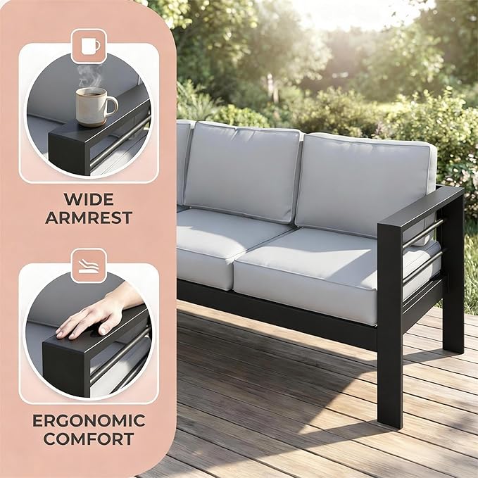 Kiss the Water Outdoor Couch Aluminum Patio Furniture Sofa, 3 Seat All-Weather Metal Patio Couch with 5" Thick and Soft Cushion and Wide Arm, Outdoor Sofa for Balcony, Porch