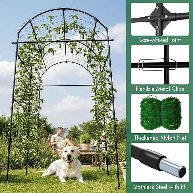 Garden Trellis Arch 7FT PP-Coated Stainless Steel Metal Extra Tall Cucumber Trellis Arch Garden Arch Trellis for Climbing Plants Outdoor Vegetable Trellis with Trellis Netting