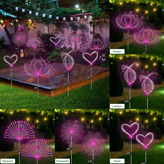 Solar Garden Lights Outdoor Waterproof, 2 Pack 120 LED Solar Firework Lights Decorative Garden Décor Outside for Flowerbed Pathway Party Halloween Christmas Decorations, Purple + Orange