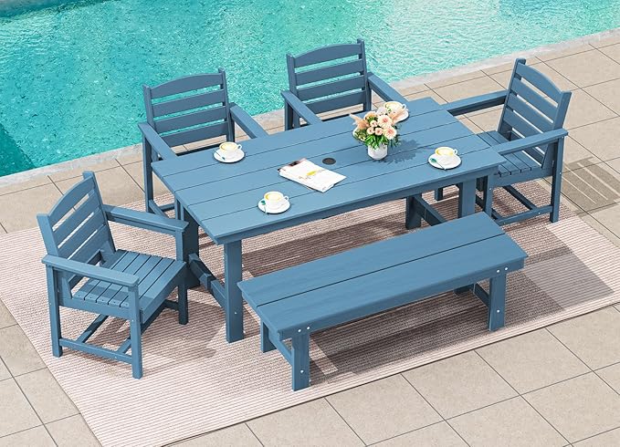 SERWALL Patio Dining Table and Bench Set for 6, Blue