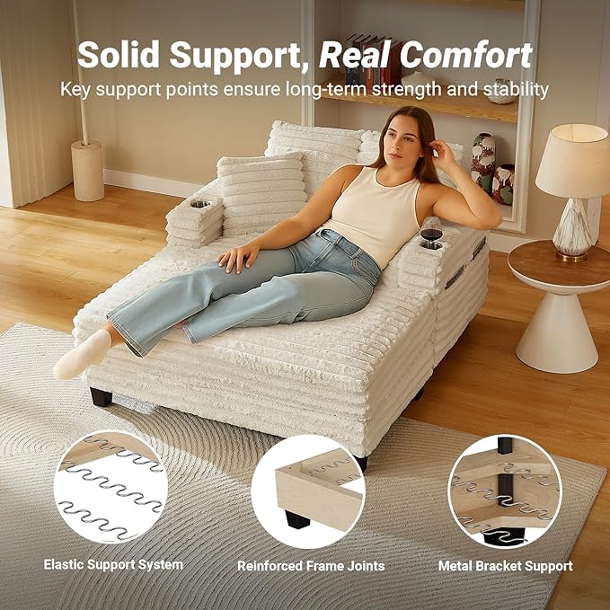 64" Chaise Lounge Chair Indoor, Oversized Sleeper Chair with Wood Frame, Upholstered Sofa Bed for Living Room, Movie Room, Bedroom with 4 Storage Pockets&2 Cup Holders(Plush Corduroy, Beige)