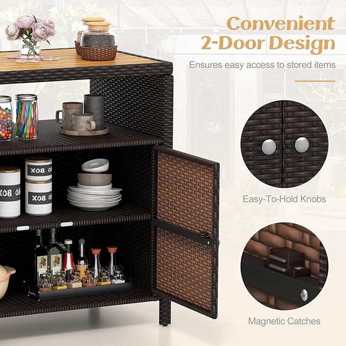Tangkula Rattan Outdoor Storage Cabinet, Patiojoy Outdoor Cabinet with Acacia Wood Countertop, Open Compartment, 2-Door Wicker Sideboard, Outdoor Bar for Patio Garden Backyard Poolside (Mix Brown)