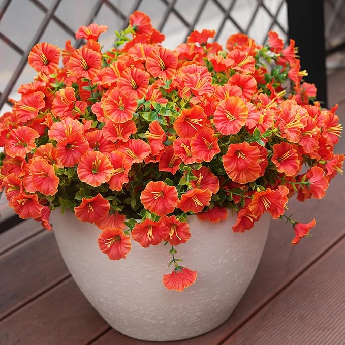 Artificial Flowers for Outdoors, UV Resistant Fake Silk Morning Glory, Realistic Faux Plants for Outside Porch Patio Window Box Hanging Planter (16, Orange Yellow)