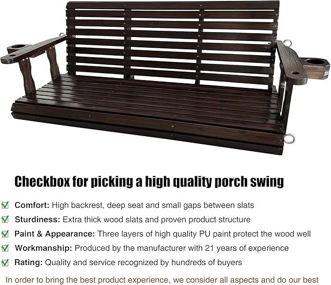 Fortune Candy Wooden Porch Swing 3-Seater, High Backrest and Deep Seat, Bench Swing with Cupholders, Hanging Chains and 7mm Springs, Heavy Duty 880 LBS (Deep Brown, 5 FT Extra Large)