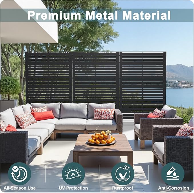 Casaphoria Metal Privacy Screen Outdoor, 72" H x 47" W Freestanding Decorative Privacy Screen for Patio Deck Balcony Garden with Stable Base, Black-Benjamin