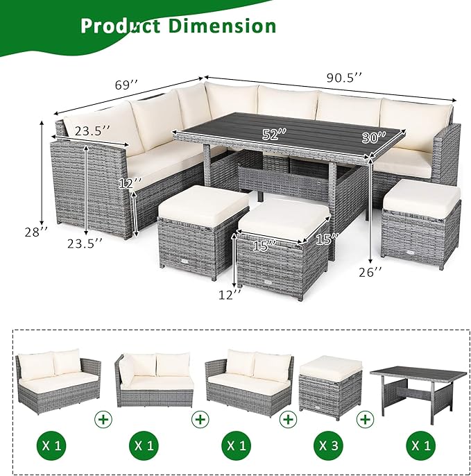 Tangkula 7 Pieces Patio Furniture Set, Outdoor Sectional Rattan Dining Sofa Set with Cushions, All Weather Wicker Conversation Couch Set with Dining Table & Ottomans for Yard Garden Poolside, White
