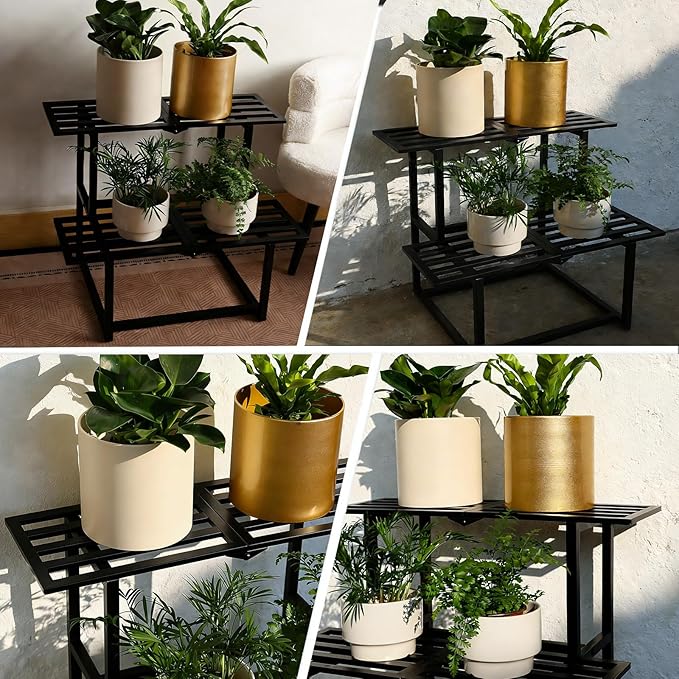 Metal Plant Stand, Foldable Heavy Duty Indoor, Window Iron Plant Shelf - Mid Century Modern Slatted Display for Patio,Garden, Living Room Load Bearing 330 lbs 26" L x 20.2" H x 17.7" W2 Tier Black