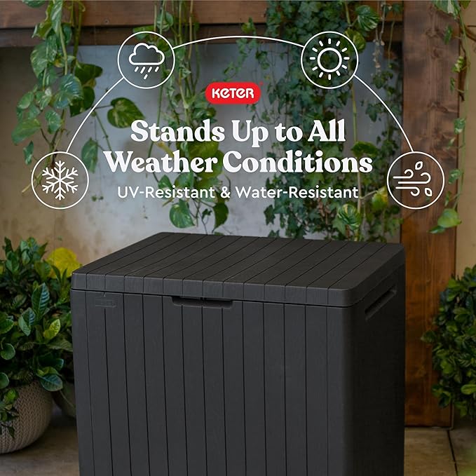 Keter City 30 Gallon Resin Outdoor Storage Box & Patio Side Table for Balcony, Pool, Deck & Garden Accessories, Weather‑Resistant, Dark Grey