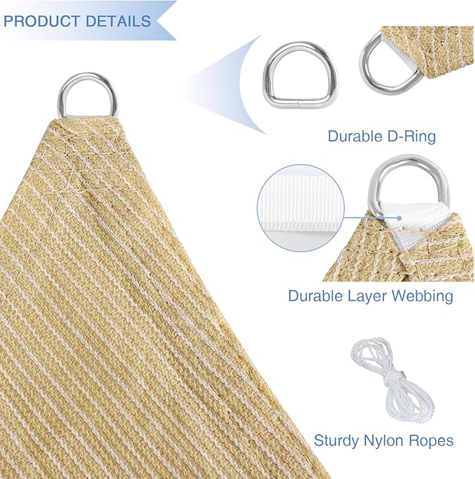 E&K Sunrise 2' x 2' x 2' Sun Shade Sail Triangle Canopy Shade Cover UV Block for Patio Backyard Garden Outdoor (Beige)