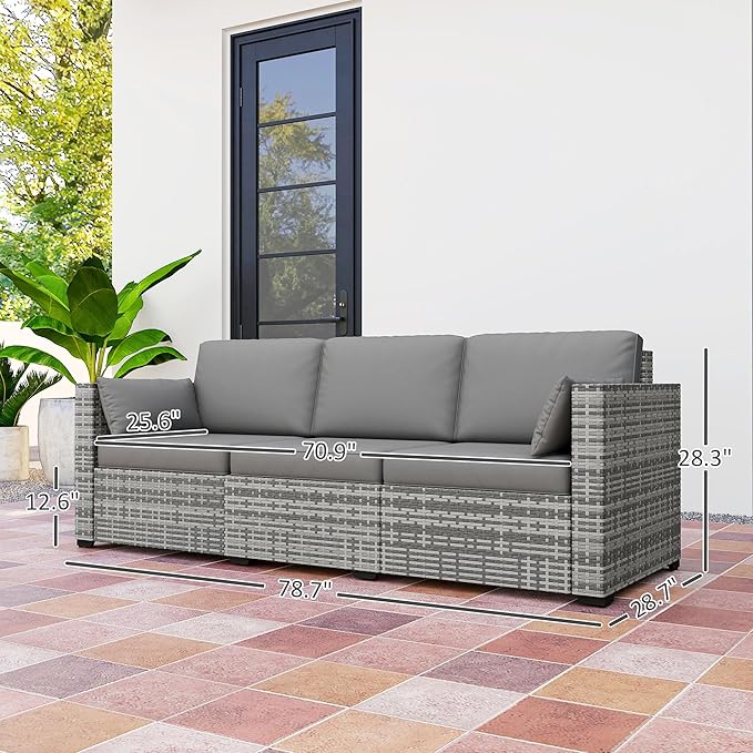Outsunny Patio Couch PE Wicker Deep Seating Outdoor Sofa with Removable Cushions, 3 Seater Rattan Sofa, Outdoor Furniture for Balcony, Deck, Garden and Poolside, Gray