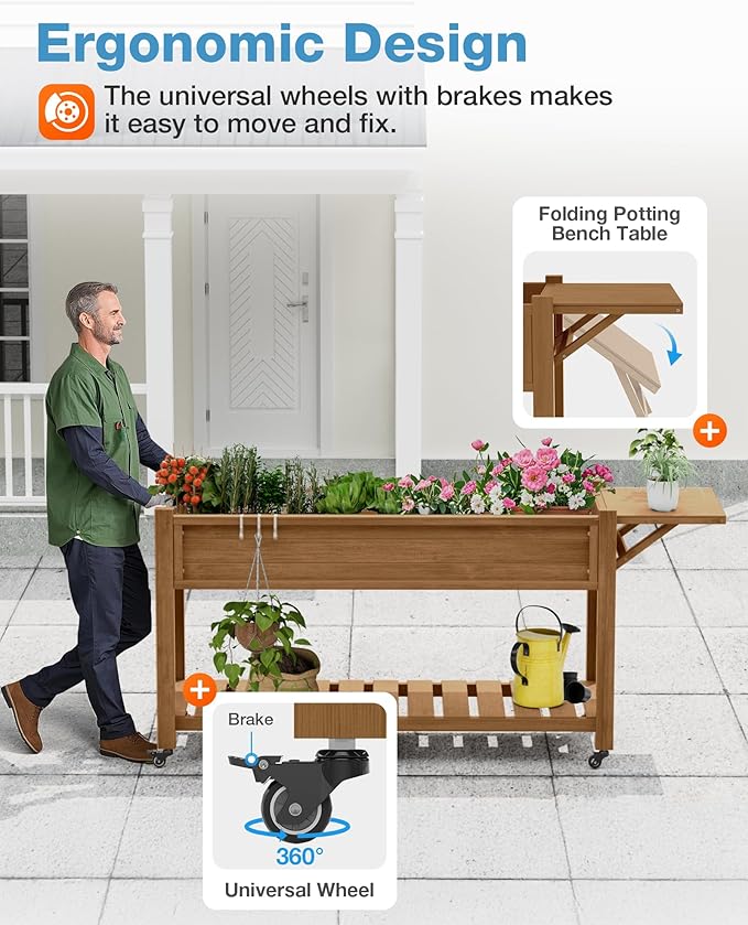 YEFU Raised Garden Bed with Legs: 57x18x30in Weight Capacity 400lb - Waterproof Raised Planter Box with Wheels - Elevated Garden Bed with Storage Shelf - Weather Resistant - for Deck/Patio/Porch/Teak
