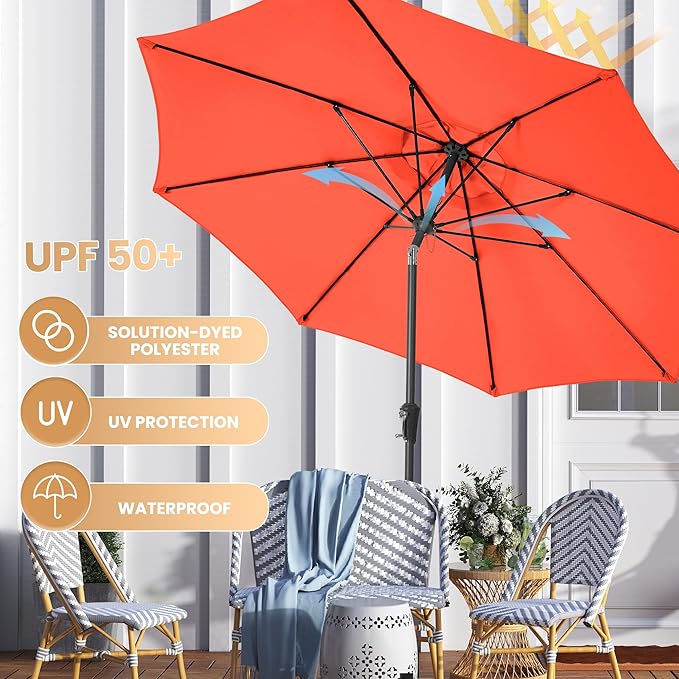 Ayge 9FT Large Outdoor Patio Umbrella Market Table Umbrella-UV Resistant, Easy Push Button Tilt and Crank, 8 Sturdy Fiberglass Ribs Heavy-Duty Pool Umbrella for Deck, Backyard,Garden,Orange