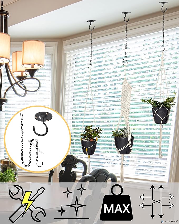 NACETURE Ceiling Hooks for Hanging Plants 3 Pack - Plant Hanger Indoor Hanging Hooks Metal Plant Bracket Iron Lanterns Hangers for Wind Chimes (Black 3 Pack + Chain)
