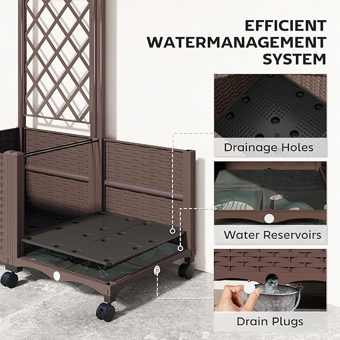 Outsunny Planter Box with Trellis, Self Watering Raised Garden Bed with Lockable Wheels, 56.3" Trellis Privacy Planter with Drainage Holes for Climbing Plants, Vines, Vegetables, Flowers, Brown