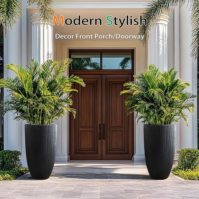 Tall Planters for Outdoor Plants, Large Concrete Flower Pots for Garden Front Porch, Patio, Indoor (Vertical Black)