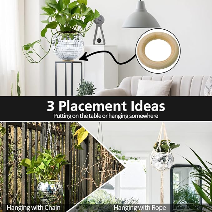 6" Disco Ball Planter, Disco Ball Plant Hanger with Hanging Rope, Hanging Chain, Hook, Circle and Extra Mirror Pieces