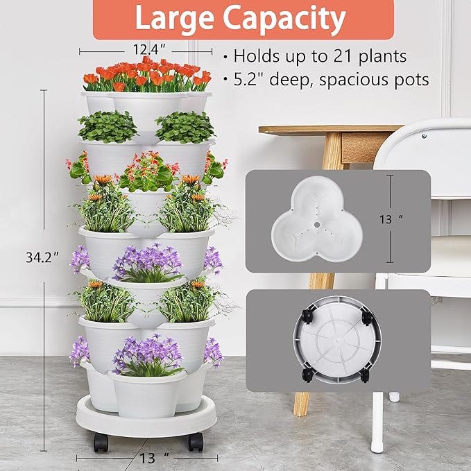 VECELO 7 Tier Vertical Garden Planter, Self Watering Stackable Planters with Wheels for Strawberries, Herbs, Flowers, Vegetables, White