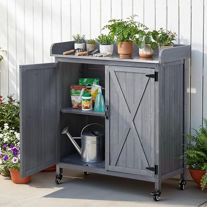 VEVOR Potting Bench Table, Outdoor Gardening Wooden Storage Cabinet with 36 x 16 in Galvanized Iron Tabletop, Garden Planting Workstation with Large Storage Space, 4 Casters for Patio, Backyard, Gray