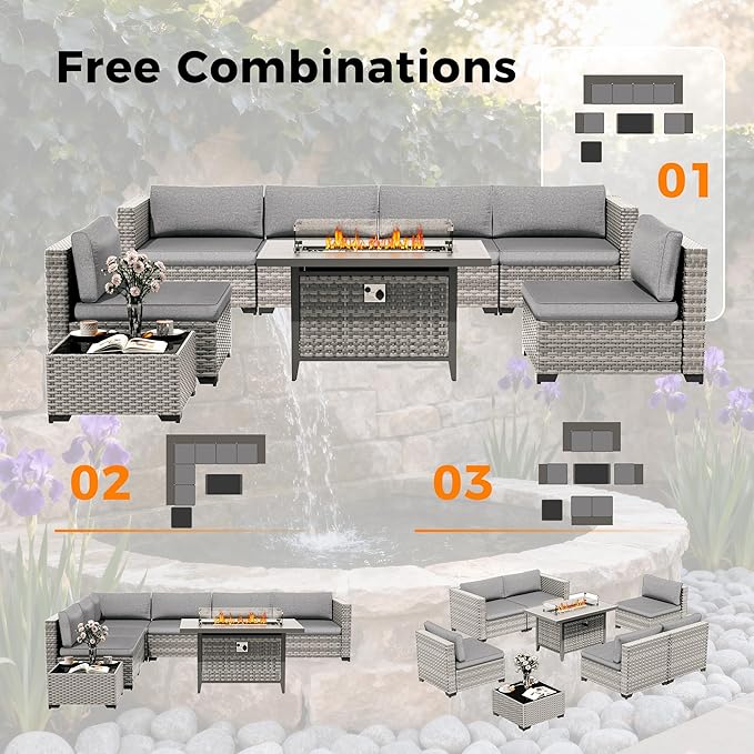 6-Seat Modern Outdoor Wicker Rattan Patio Furniture Set with 55,000 BTU Fire Pit Table, Thick 4″ Cushions, All-Weather Dual-Strand Rattan, Rust-Resistant Steel Frame,Gray