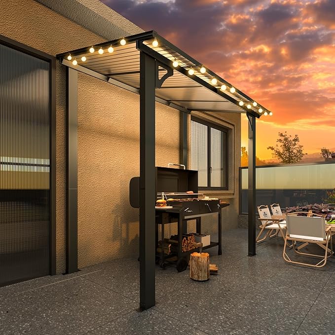 AECOJOY 8' x 5' Grill Gazebo Outdoor Pergola for Patio, 5x8 Lean to Hard Top Grill Gazebo Shelter Pergolas and Gazebos Clearance with Roof, Small Wall-Mounted Heavy Duty Awnings for Patio, Decks