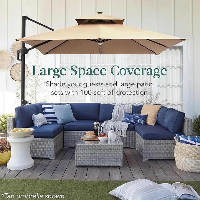 Best Choice Products 10x10ft Cantilever Patio Umbrella w/Base Included, Solar LED Lights 360 Rotation Large Offset Hanging Outdoor Shade for Deck Pool Backyard w/Stand – Ivory