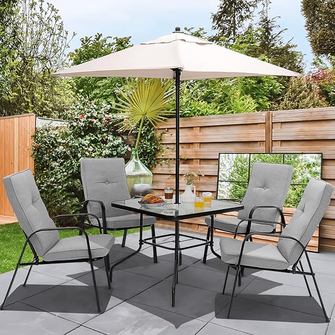 Tangkula 35" Patio Dining Table for 4, Square Outdoor Dining Table with Tempered Glass Tabletop, 1.65" Umbrella Hole & Metal Frame, 4-Person Outside Dining Table for Backyard, Lawn, Deck & Poolside