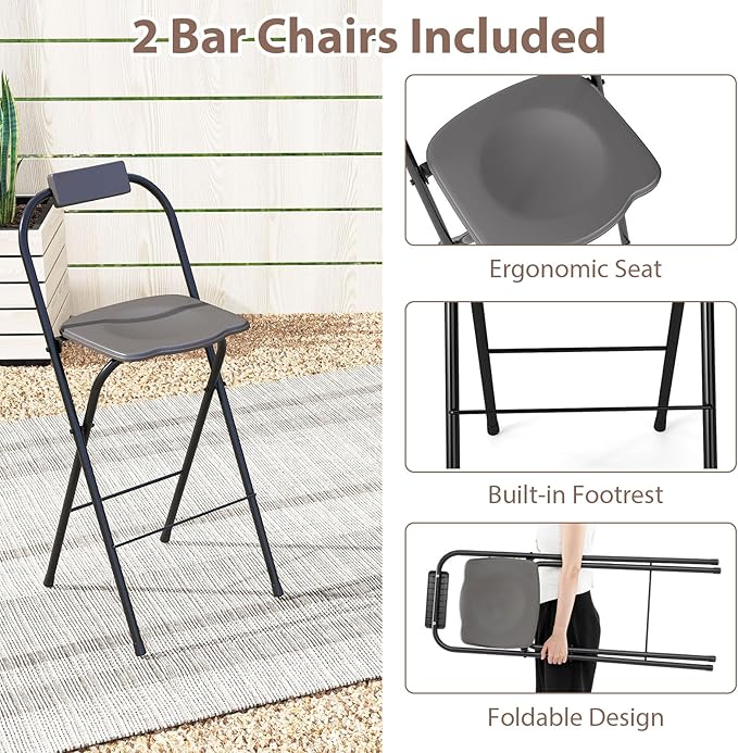 Tangkula 3 Piece Patio Bar Set, Grill Gazebo & 2 Foldable Bar Stools with Awning, Metal Storage Shelves, Glass Holders, Double-Tier Outdoor Shelter for Patio Poolside Garden Backyard (Gray)