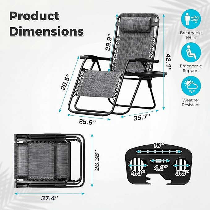 Homall Zero Gravity Chair Patio Folding Lawn Outdoor Lounge Reclining Chair with Cup Holder Pillows for Poolside Backyard and Beach Set of 4 Double Grey