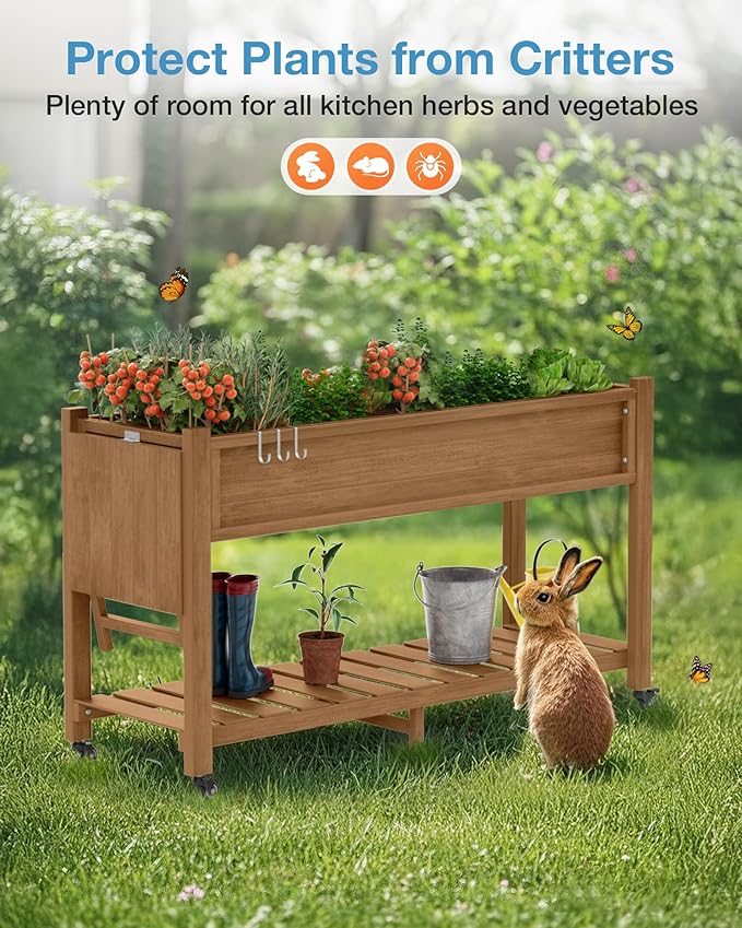 YEFU Raised Garden Bed with Legs: 57x18x30in Weight Capacity 400lb - Waterproof Raised Planter Box with Wheels - Elevated Garden Bed with Storage Shelf - Weather Resistant - for Deck/Patio/Porch/Teak