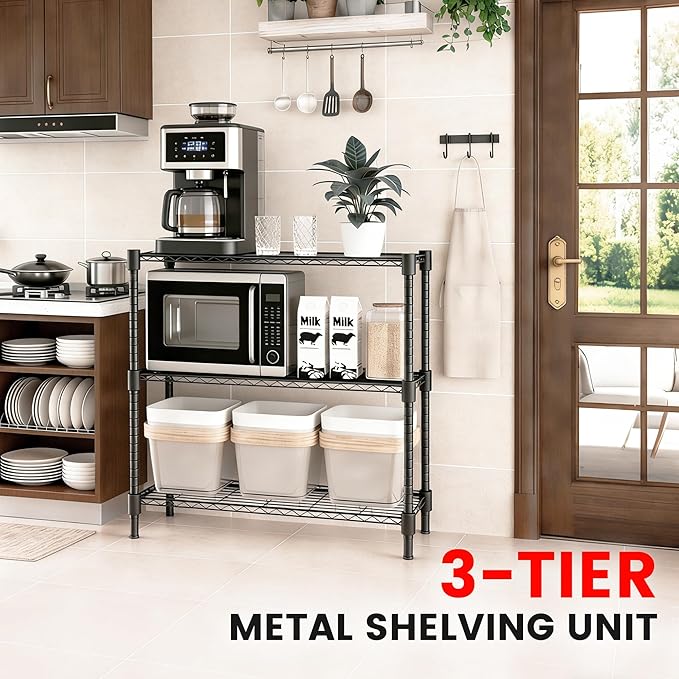 Xcity Storage Shelves, 3 Tier Heavy Duty Metal Shelving Unit, 1200 LBS Capacity Adjustable Steel Wire Shelf Organizer for Pantry, Kitchen, Garage, 14" D x 36" W x 36" H, Black
