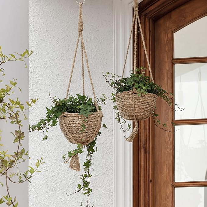 LA JOLIE MUSE Natural Seagrass Hanging Planter Basket Set,Indoor Plant Pots, Boho Decor Plant Pot Cover, 9 (D)*5.5(H) Inch, Pack 2