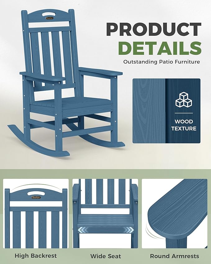 Oversized Outdoor Rocking Chairs Set of 2, High Back Outdoor Rocker Chair, HDPE Rocking Chairs for Patio, 380lbs Weight Capacity, Navy Blue