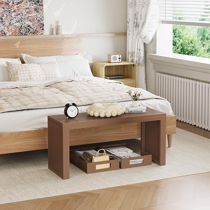 Bamboo Dining Bench, 35 inch Farmhouse Decor Indoor Kitchen Table Bench, Entryway Shoe Rack Bench, Outdoor Bench, Solid Bamboo Benches for Living Room, Hallway, Bedroom, Bathroom (Brown, Long)